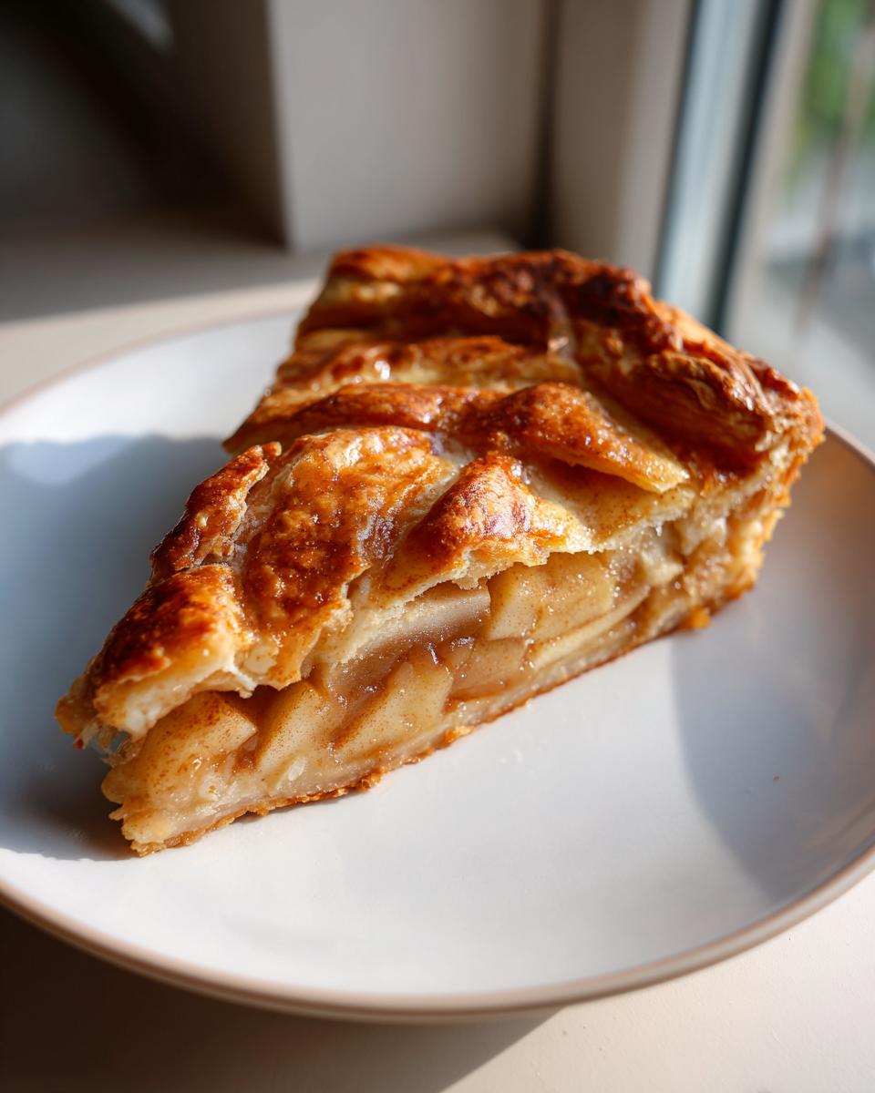 Close-up of a perfect slice of flaky apple galette showing tender cinnamon-spiced apple filling.
