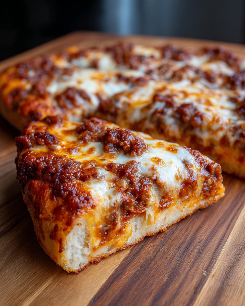 Close-up of a thick slice of pizza showing the texture of the carnivore pizza crust topped with meat sauce and melted cheese.