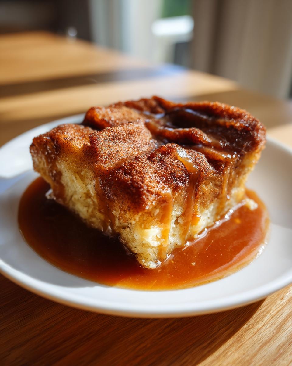A warm slice of snickerdoodle cobbler topped with cinnamon sugar and drizzled with rich caramel sauce.