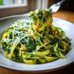 A fork lifts a twirl of fettuccine coated in creamy spinach pasta sauce, topped with grated Parmesan cheese.