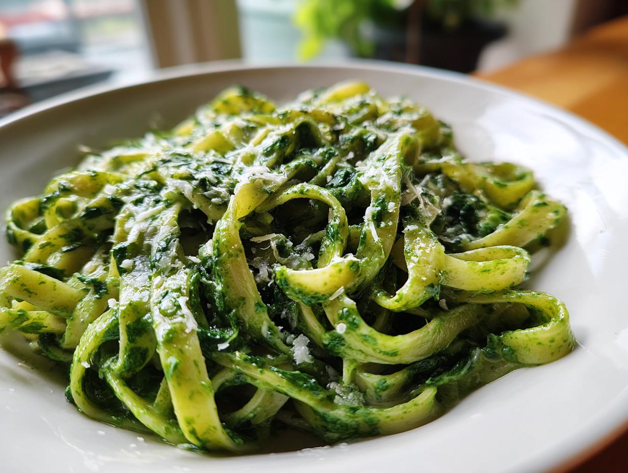 Close-up of vibrant green spinach pasta sauce coating zucchini noodles, topped with grated cheese.