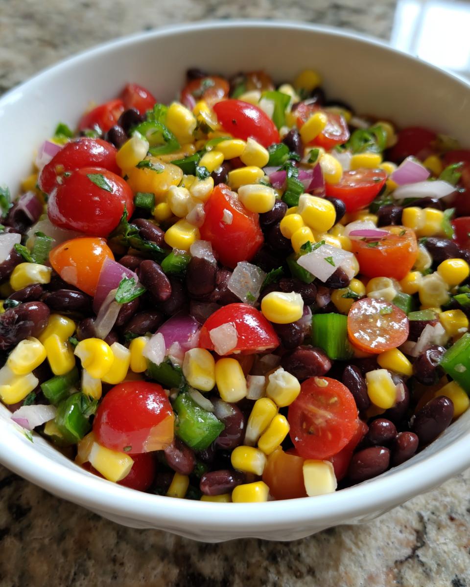 Close-up of fresh cowboy caviar recipe featuring black beans, corn, cherry tomatoes, and red onion in a white bowl.