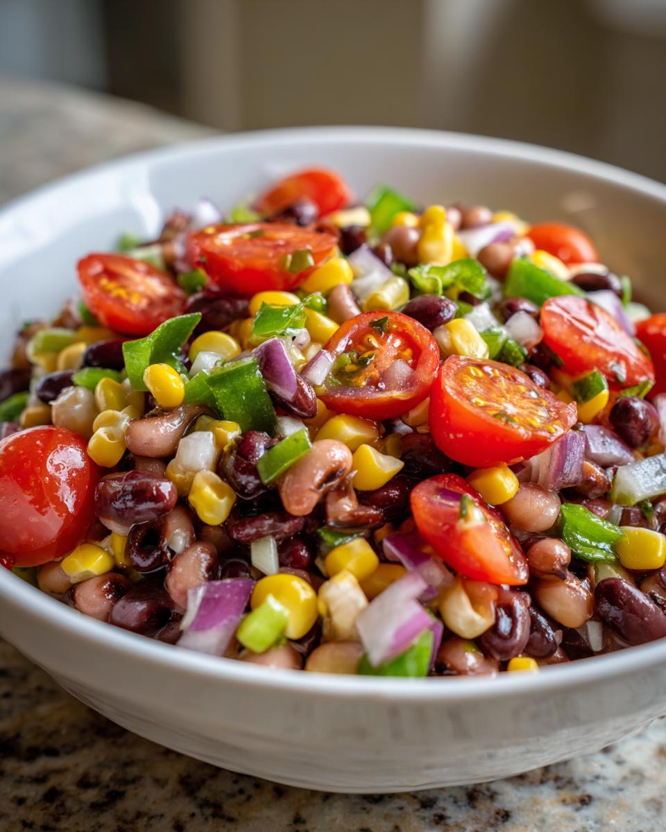 Close-up of a colorful cowboy caviar recipe featuring mixed beans, corn, red onion, green peppers, and halved cherry tomatoes.