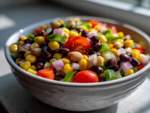 Close-up of a white bowl filled with colorful cowboy caviar recipe ingredients including corn, black beans, and tomatoes.
