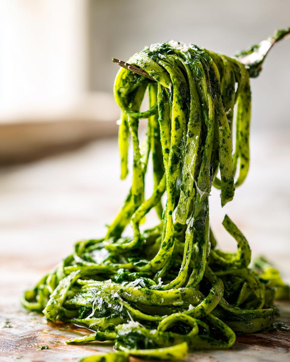 A fork lifting long strands of pasta coated in a bright green spinach pasta sauce, topped with grated cheese.