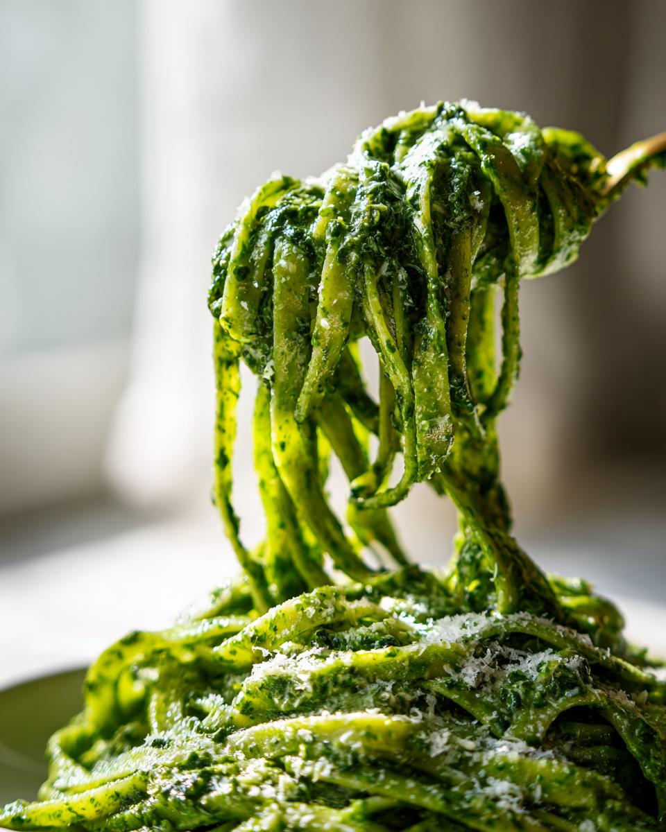 A fork lifting long strands of fettuccine coated heavily in bright green spinach pasta sauce, topped with grated cheese.